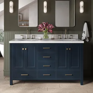 ARIEL 61" Midnight Blue Double Bathroom Vanity with 1.5" Edge Pure White Quartz Countertop & Backsplash, Center Oval Sinks, 4 Soft Closing Doors, 6 Full Extension Dovetail Drawers, Satin Brass