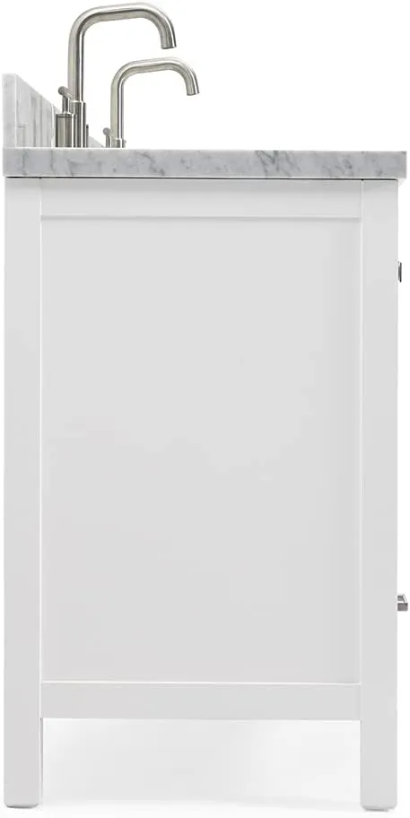 ARIEL 61" White Double Bathroom Vanity with 1.5" Edge Italian Carrara Marble Countertop & Backsplash, Center Oval Sinks, 4 Soft Closing Doors, 6 Full Extension Dovetail Drawers, Brushed Nickel