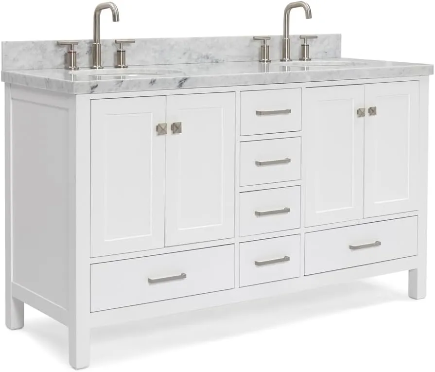 ARIEL 61" White Double Bathroom Vanity with 1.5" Edge Italian Carrara Marble Countertop & Backsplash, Center Oval Sinks, 4 Soft Closing Doors, 6 Full Extension Dovetail Drawers, Brushed Nickel