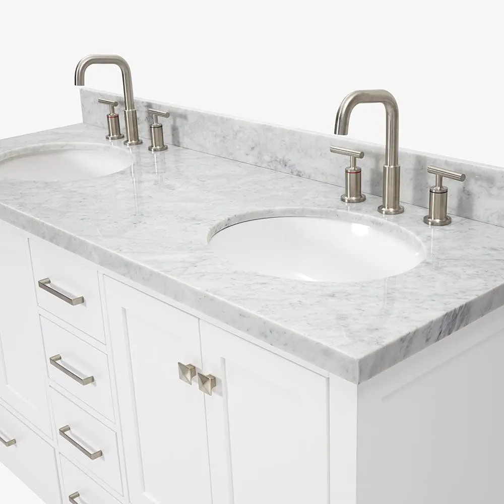 ARIEL 61" White Double Bathroom Vanity with 1.5" Edge Italian Carrara Marble Countertop & Backsplash, Center Oval Sinks, 4 Soft Closing Doors, 6 Full Extension Dovetail Drawers, Brushed Nickel