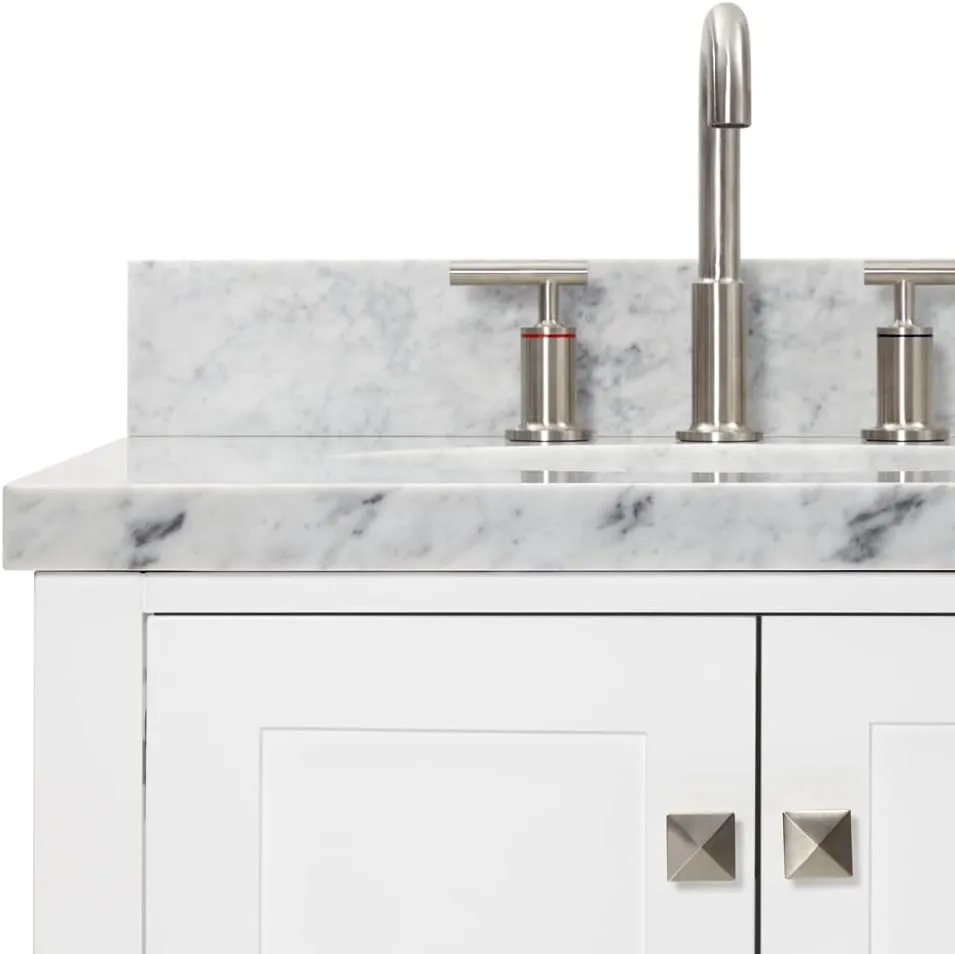 ARIEL 61" White Double Bathroom Vanity with 1.5" Edge Italian Carrara Marble Countertop & Backsplash, Center Oval Sinks, 4 Soft Closing Doors, 6 Full Extension Dovetail Drawers, Brushed Nickel