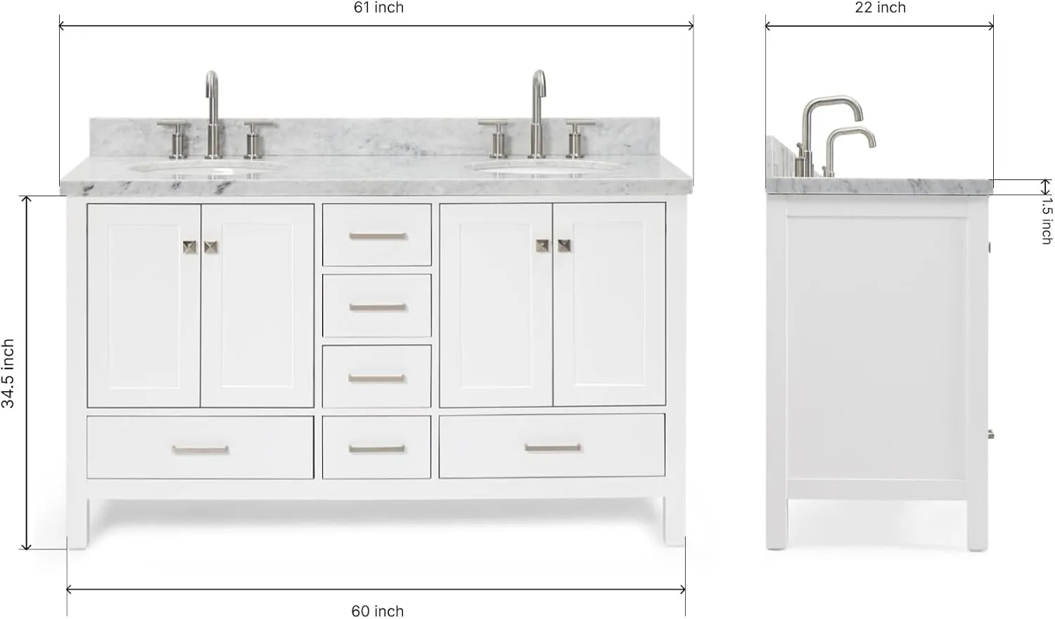 ARIEL 61" White Double Bathroom Vanity with 1.5" Edge Italian Carrara Marble Countertop & Backsplash, Center Oval Sinks, 4 Soft Closing Doors, 6 Full Extension Dovetail Drawers, Brushed Nickel