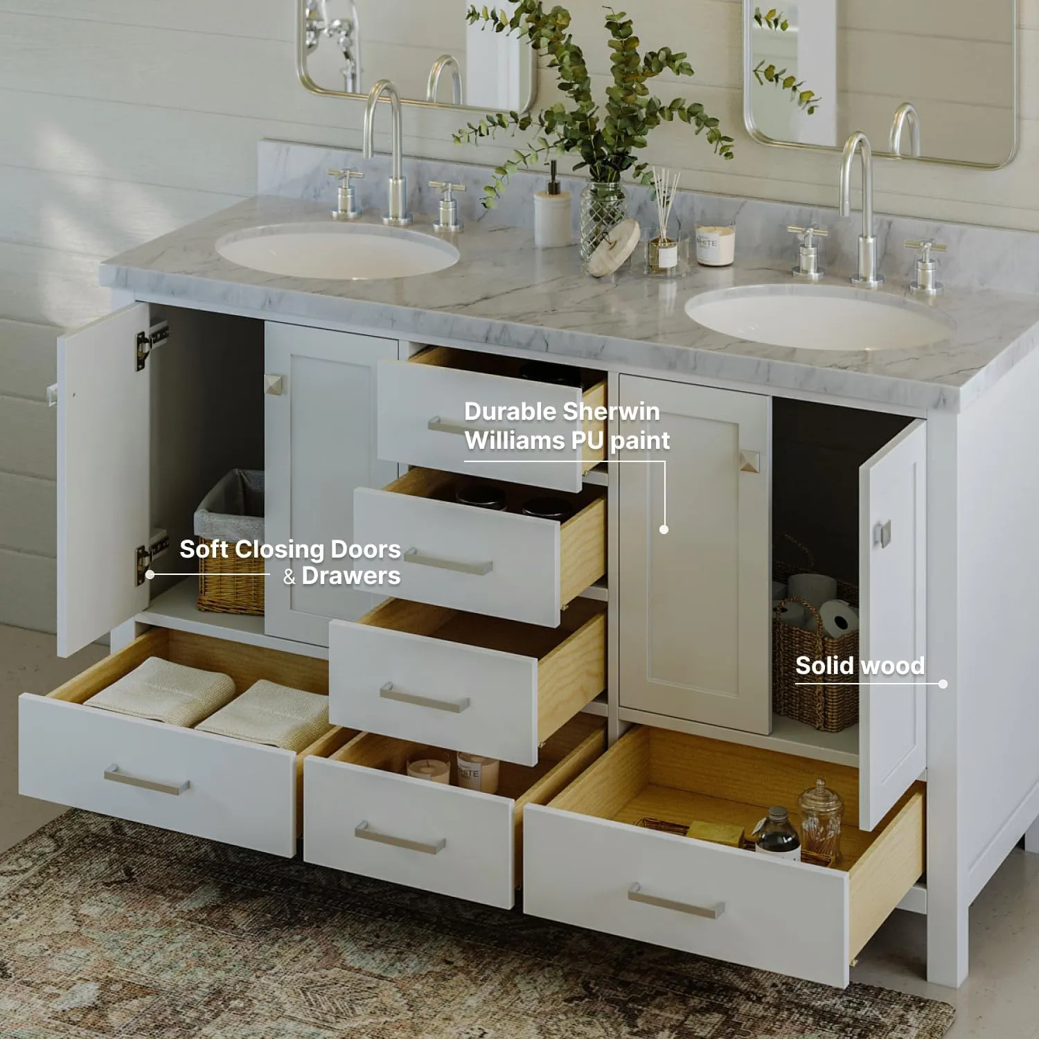 ARIEL 61" White Double Bathroom Vanity with 1.5" Edge Italian Carrara Marble Countertop & Backsplash, Center Oval Sinks, 4 Soft Closing Doors, 6 Full Extension Dovetail Drawers, Brushed Nickel