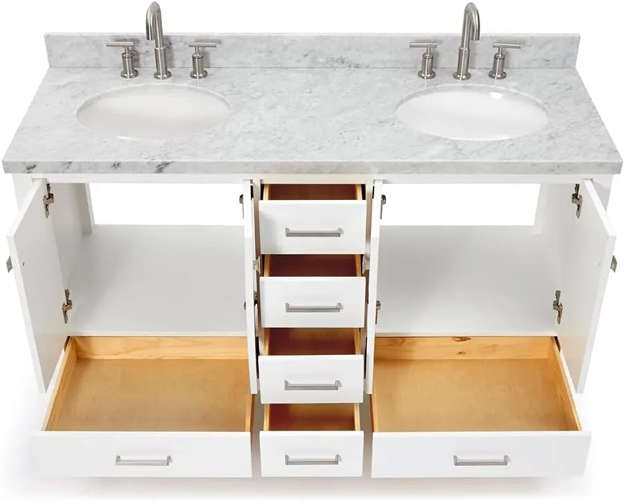 ARIEL 61" White Double Bathroom Vanity with 1.5" Edge Italian Carrara Marble Countertop & Backsplash, Center Oval Sinks, 4 Soft Closing Doors, 6 Full Extension Dovetail Drawers, Brushed Nickel