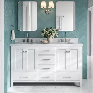 ARIEL 61" White Double Bathroom Vanity with 1.5" Edge Italian Carrara Marble Countertop & Backsplash, Center Oval Sinks, 4 Soft Closing Doors, 6 Full Extension Dovetail Drawers, Brushed Nickel