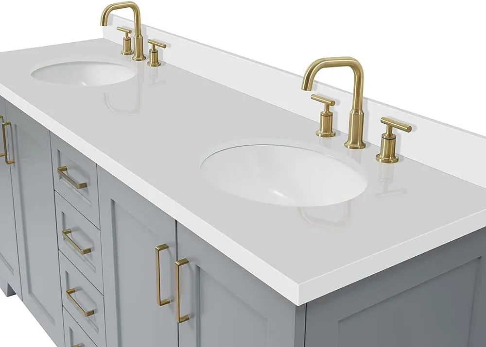 ARIEL 73" Grey Double Bathroom Vanity, 1.5" Edge Pure White Quartz Countertop & Splash, Oval Sinks, 4 Soft Closing Doors, 6 Full Extension Dovetail Drawers, Toe Kick, Satin Brass