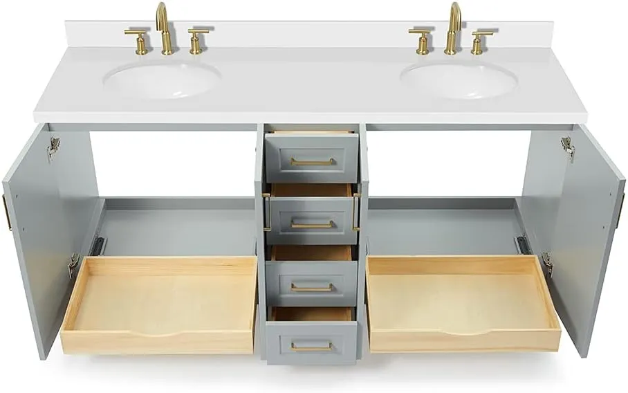 ARIEL 73" Grey Double Bathroom Vanity, 1.5" Edge Pure White Quartz Countertop & Splash, Oval Sinks, 4 Soft Closing Doors, 6 Full Extension Dovetail Drawers, Toe Kick, Satin Brass