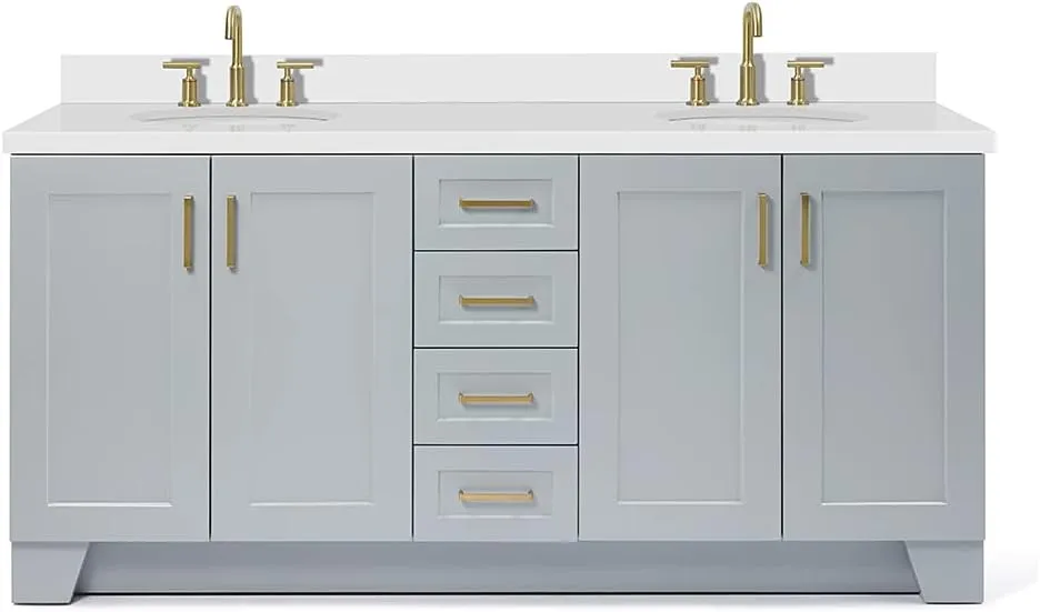 ARIEL 73" Grey Double Bathroom Vanity, 1.5" Edge Pure White Quartz Countertop & Splash, Oval Sinks, 4 Soft Closing Doors, 6 Full Extension Dovetail Drawers, Toe Kick, Satin Brass