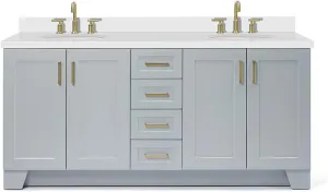 ARIEL 73" Grey Double Bathroom Vanity, 1.5" Edge Pure White Quartz Countertop & Splash, Oval Sinks, 4 Soft Closing Doors, 6 Full Extension Dovetail Drawers, Toe Kick, Satin Brass