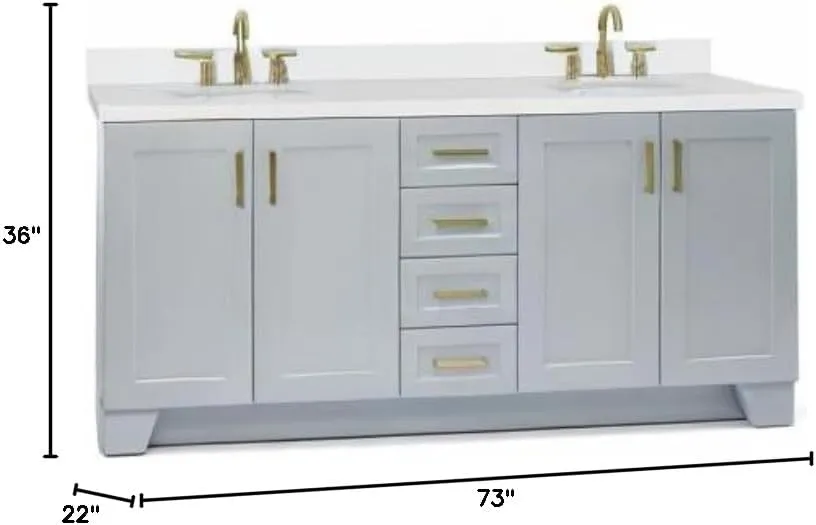 ARIEL 73" Grey Double Bathroom Vanity, 1.5" Edge Pure White Quartz Countertop & Splash, Oval Sinks, 4 Soft Closing Doors, 6 Full Extension Dovetail Drawers, Toe Kick, Satin Brass