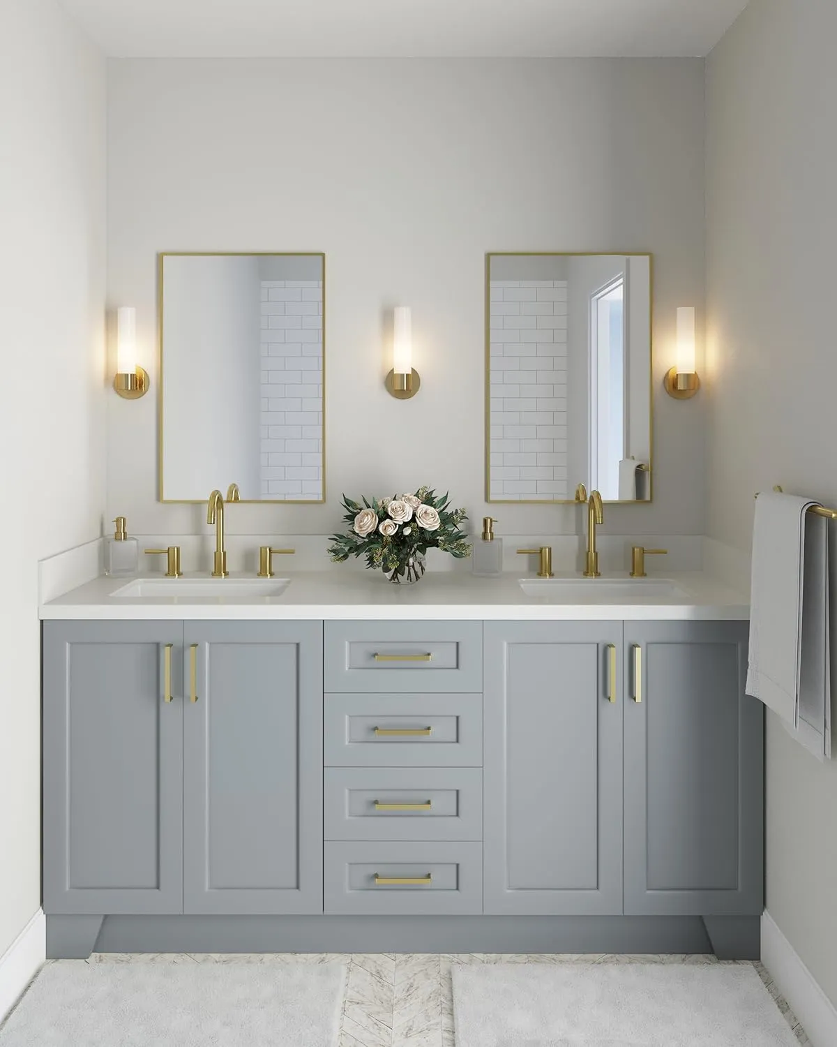 ARIEL 73" Grey Double Bathroom Vanity, 1.5" Edge Pure White Quartz Countertop & Splash, Oval Sinks, 4 Soft Closing Doors, 6 Full Extension Dovetail Drawers, Toe Kick, Satin Brass