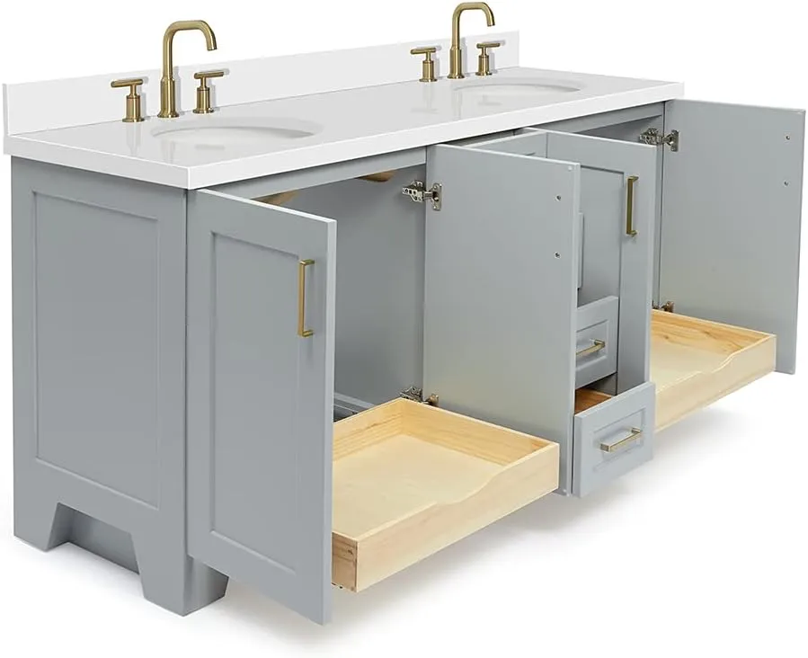 ARIEL 73" Grey Double Bathroom Vanity, 1.5" Edge Pure White Quartz Countertop & Splash, Oval Sinks, 4 Soft Closing Doors, 6 Full Extension Dovetail Drawers, Toe Kick, Satin Brass
