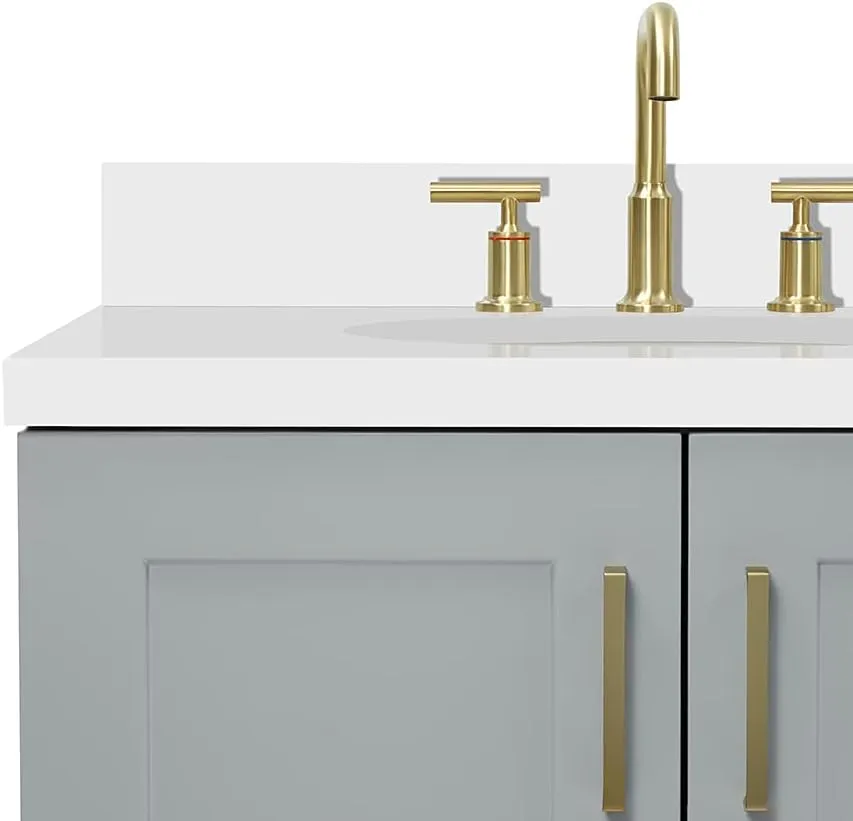 ARIEL 73" Grey Double Bathroom Vanity, 1.5" Edge Pure White Quartz Countertop & Splash, Oval Sinks, 4 Soft Closing Doors, 6 Full Extension Dovetail Drawers, Toe Kick, Satin Brass
