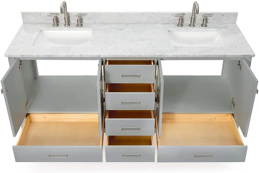 ARIEL 73" Grey Double Bathroom Vanity with Italian Carrara Marble Countertop & Backsplash, Center Rectangular Sinks, 4 Soft Closing Doors, 6 Full Extension Dovetail Drawers, Brushed Nickel