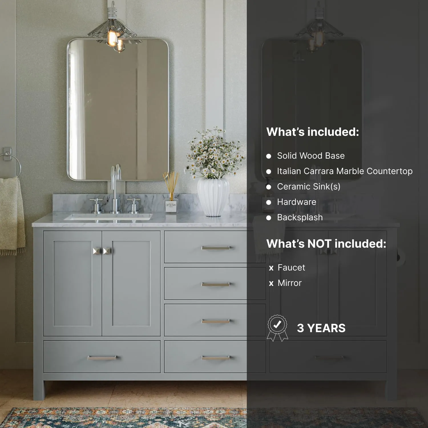 ARIEL 73" Grey Double Bathroom Vanity with Italian Carrara Marble Countertop & Backsplash, Center Rectangular Sinks, 4 Soft Closing Doors, 6 Full Extension Dovetail Drawers, Brushed Nickel
