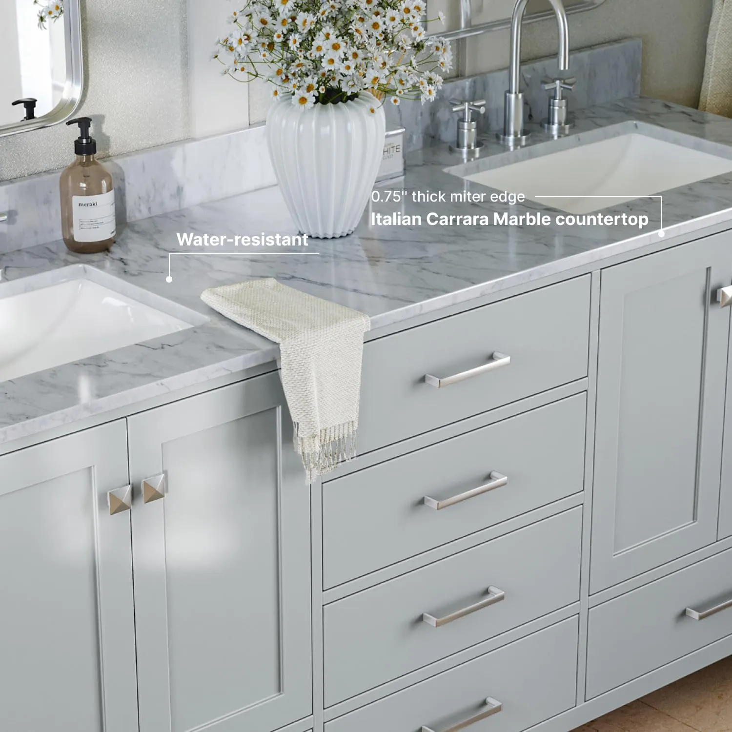 ARIEL 73" Grey Double Bathroom Vanity with Italian Carrara Marble Countertop & Backsplash, Center Rectangular Sinks, 4 Soft Closing Doors, 6 Full Extension Dovetail Drawers, Brushed Nickel