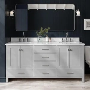 ARIEL 73" Grey Double Bathroom Vanity with Italian Carrara Marble Countertop & Backsplash, Center Rectangular Sinks, 4 Soft Closing Doors, 6 Full Extension Dovetail Drawers, Brushed Nickel