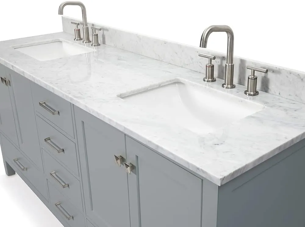 ARIEL 73" Grey Double Bathroom Vanity with Italian Carrara Marble Countertop & Backsplash, Center Rectangular Sinks, 4 Soft Closing Doors, 6 Full Extension Dovetail Drawers, Brushed Nickel