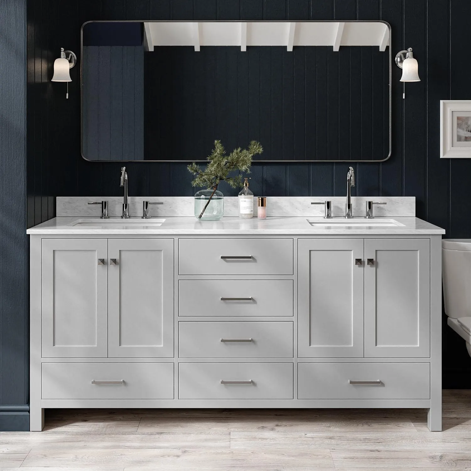 ARIEL 73" Grey Double Bathroom Vanity with Italian Carrara Marble Countertop & Backsplash, Center Rectangular Sinks, 4 Soft Closing Doors, 6 Full Extension Dovetail Drawers, Brushed Nickel