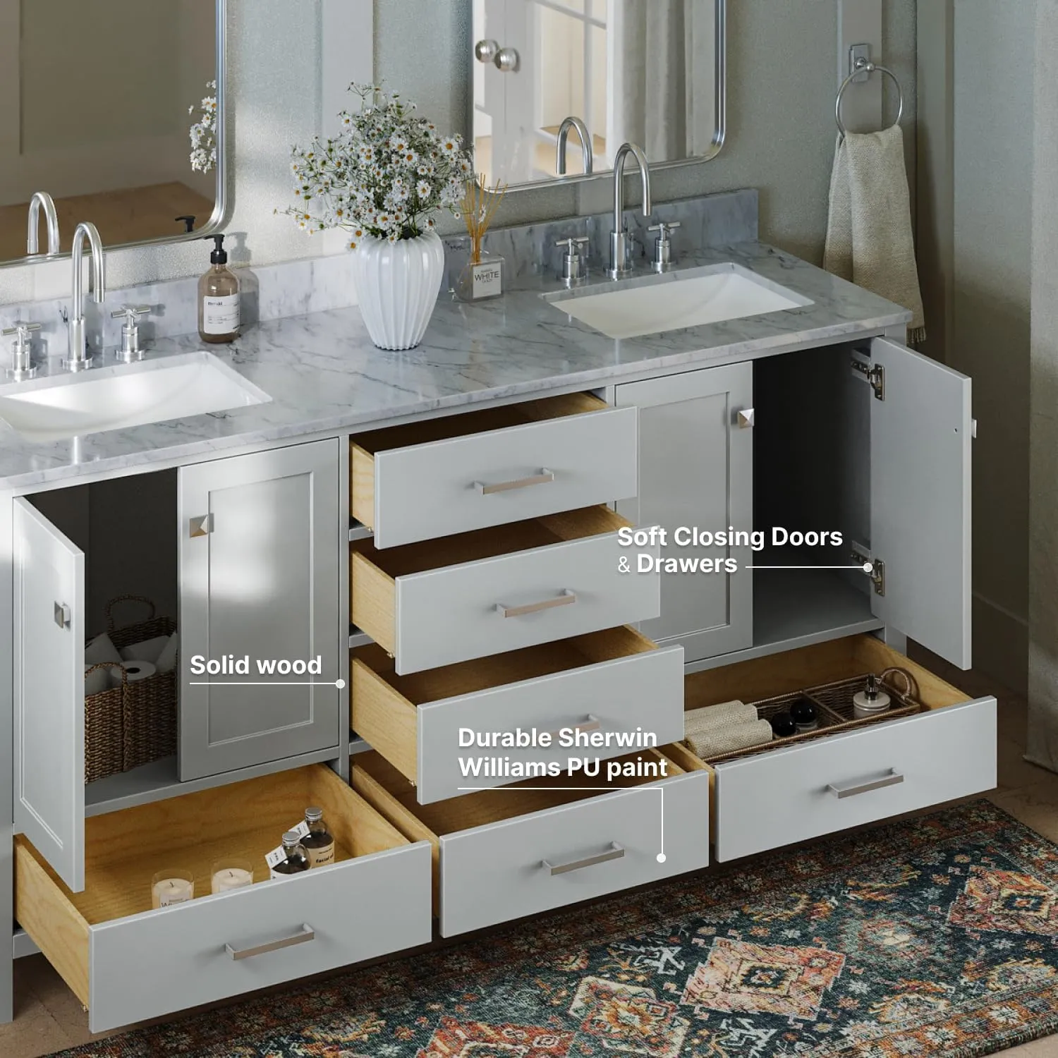 ARIEL 73" Grey Double Bathroom Vanity with Italian Carrara Marble Countertop & Backsplash, Center Rectangular Sinks, 4 Soft Closing Doors, 6 Full Extension Dovetail Drawers, Brushed Nickel