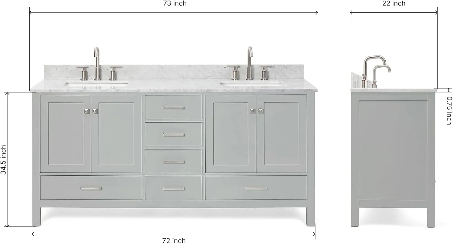 ARIEL 73" Grey Double Bathroom Vanity with Italian Carrara Marble Countertop & Backsplash, Center Rectangular Sinks, 4 Soft Closing Doors, 6 Full Extension Dovetail Drawers, Brushed Nickel