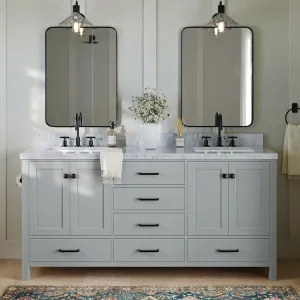 ARIEL 73" Grey Double Vanity with 1.5" Edge Italian Carrara Marble Countertop & Splash, Rectangular Sinks, 4 Soft Closing Doors, 6 Full Extension Dovetail Drawers, Matte Black