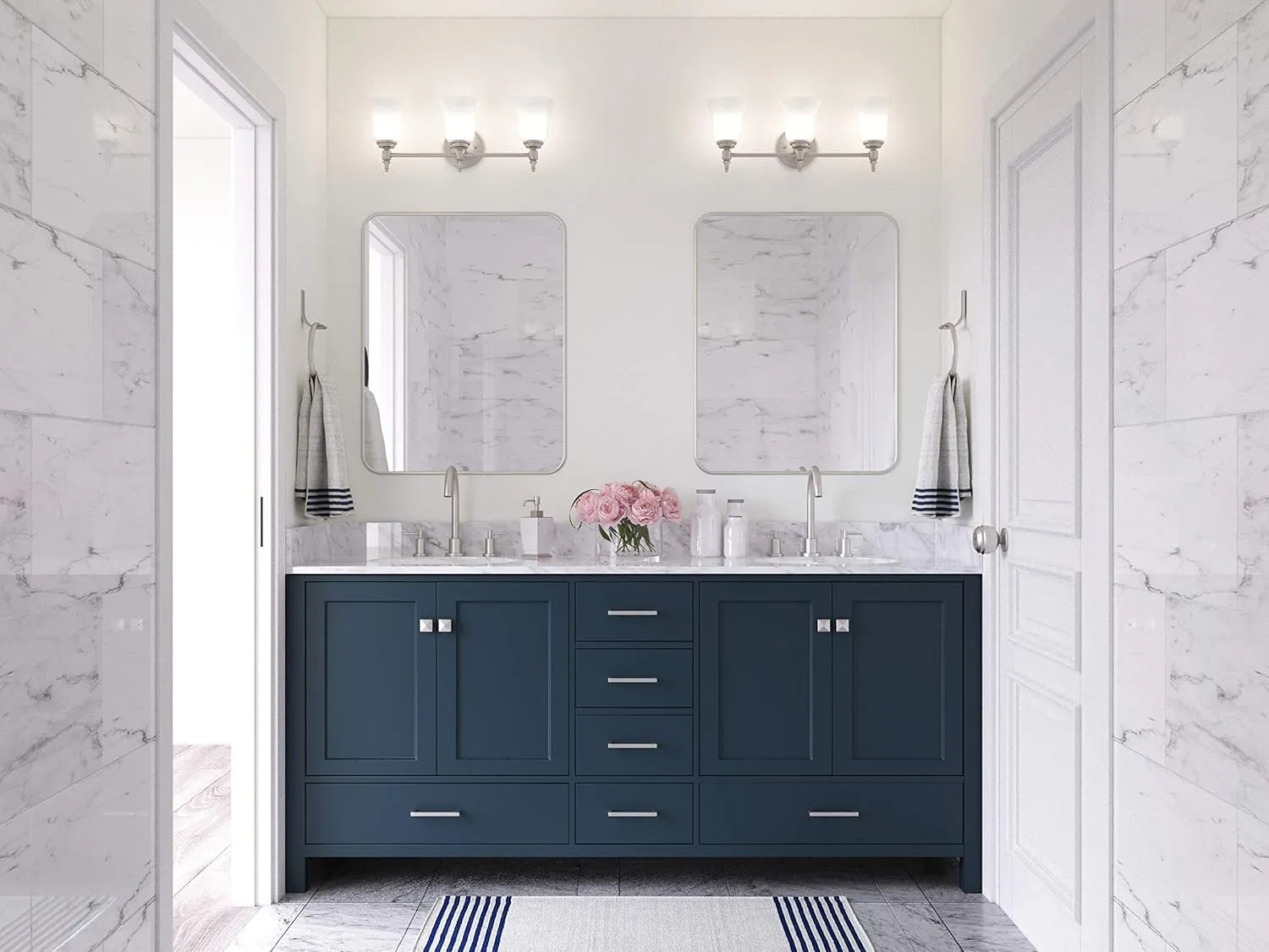 ARIEL 73" Midnight Blue Double Vanity with 1.5" Edge Pure White Quartz Countertop & Splash, Oval Sinks, 4 Soft Closing Doors, 6 Full Extension Dovetail Drawers, Brushed Nickel