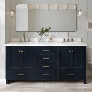 ARIEL 73" Midnight Blue Double Vanity with 1.5" Edge Pure White Quartz Countertop & Splash, Oval Sinks, 4 Soft Closing Doors, 6 Full Extension Dovetail Drawers, Brushed Nickel