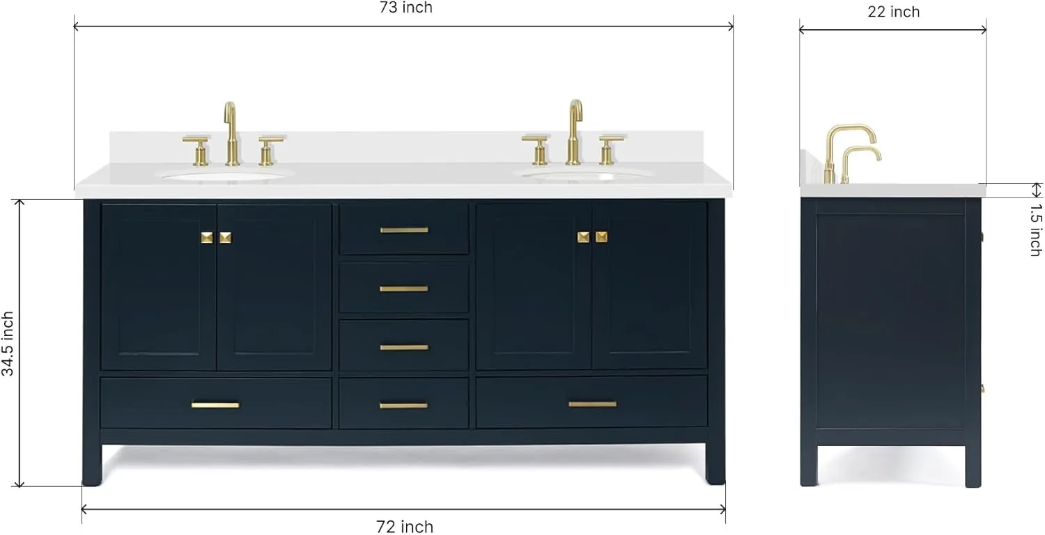 ARIEL 73" Midnight Blue Double Vanity with 1.5" Edge Pure White Quartz Countertop & Splash, Oval Sinks, 4 Soft Closing Doors, 6 Full Extension Dovetail Drawers, Brushed Nickel