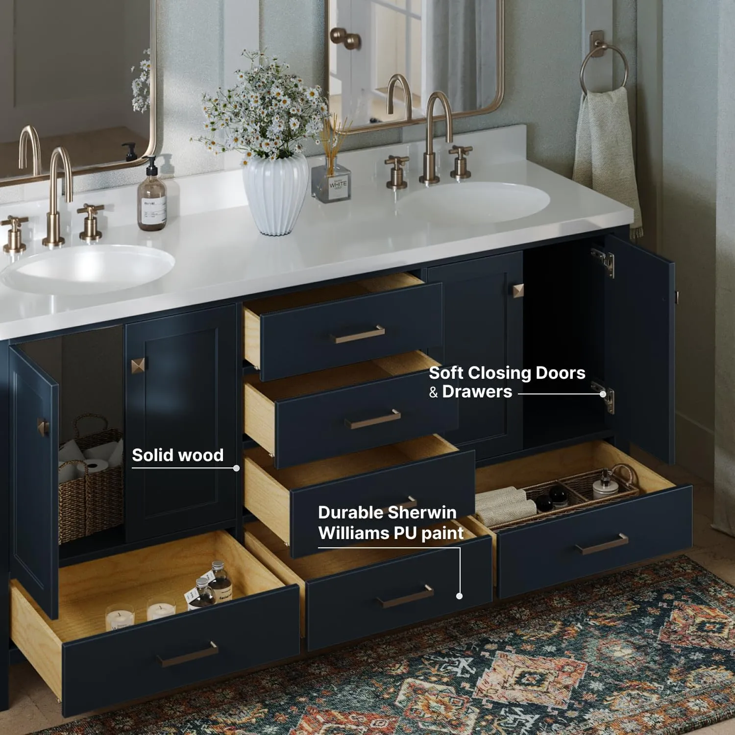 ARIEL 73" Midnight Blue Double Vanity with 1.5" Edge Pure White Quartz Countertop & Splash, Oval Sinks, 4 Soft Closing Doors, 6 Full Extension Dovetail Drawers, Brushed Nickel