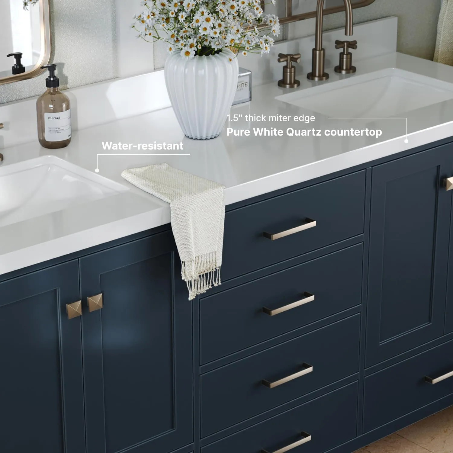 ARIEL 73" Midnight Blue Double Vanity with 1.5" Edge Pure White Quartz Countertop & Splash, Rectangular Sinks, 4 Soft Closing Doors, 6 Full Extension Dovetail Drawers, Satin Brass