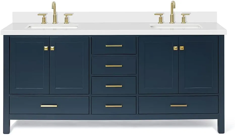 ARIEL 73" Midnight Blue Double Vanity with 1.5" Edge Pure White Quartz Countertop & Splash, Rectangular Sinks, 4 Soft Closing Doors, 6 Full Extension Dovetail Drawers, Satin Brass