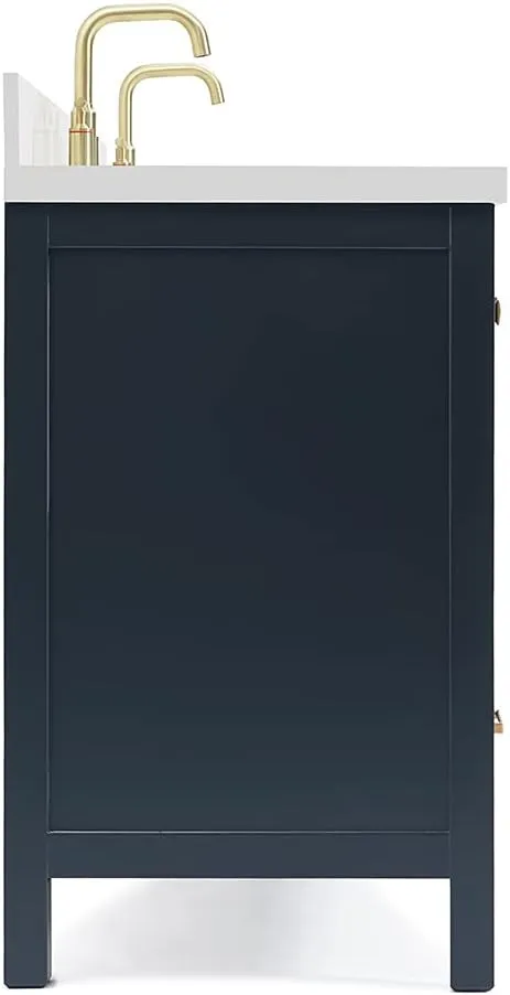 ARIEL 73" Midnight Blue Double Vanity with 1.5" Edge Pure White Quartz Countertop & Splash, Rectangular Sinks, 4 Soft Closing Doors, 6 Full Extension Dovetail Drawers, Satin Brass