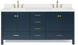 ARIEL 73" Midnight Blue Double Vanity with 1.5" Edge Pure White Quartz Countertop & Splash, Rectangular Sinks, 4 Soft Closing Doors, 6 Full Extension Dovetail Drawers, Satin Brass