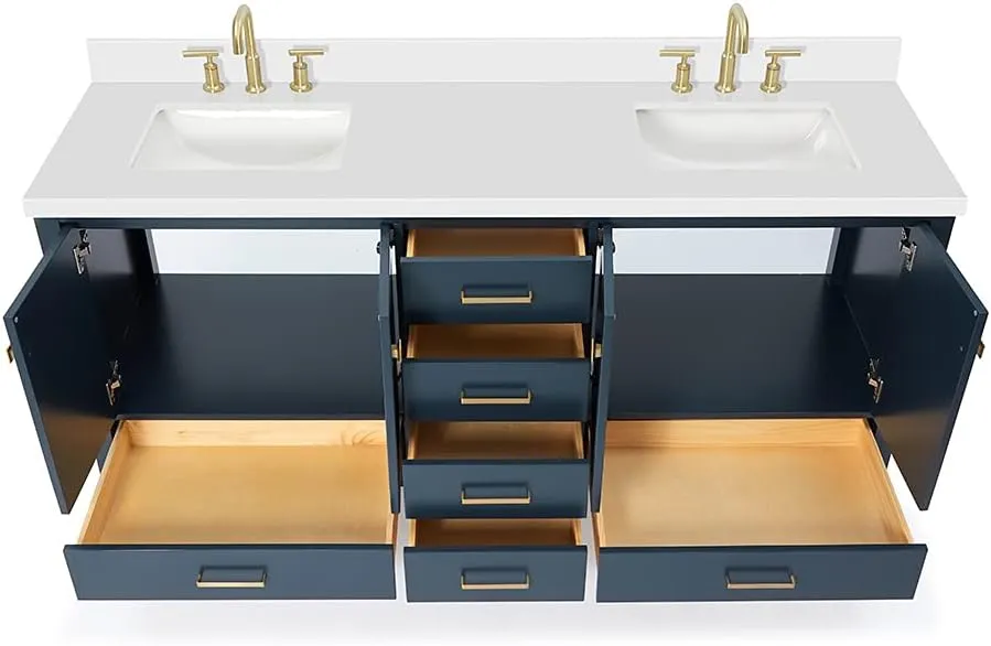 ARIEL 73" Midnight Blue Double Vanity with 1.5" Edge Pure White Quartz Countertop & Splash, Rectangular Sinks, 4 Soft Closing Doors, 6 Full Extension Dovetail Drawers, Satin Brass