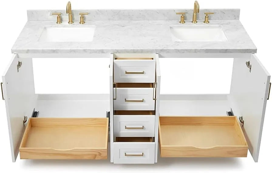 ARIEL 73" White Double Vanity, 1.5" Edge Italian Carrara Marble Countertop & Splash, Rectangular Sink, 4 Soft Closing Doors, 6 Full Extension Dovetail Drawers, Toe Kick, Satin Brass