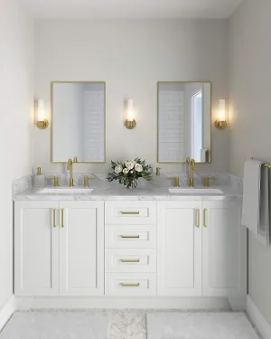 ARIEL 73" White Double Vanity, 1.5" Edge Italian Carrara Marble Countertop & Splash, Rectangular Sink, 4 Soft Closing Doors, 6 Full Extension Dovetail Drawers, Toe Kick, Satin Brass