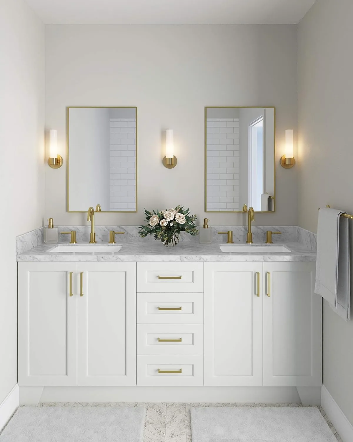 ARIEL 73" White Double Vanity, 1.5" Edge Italian Carrara Marble Countertop & Splash, Rectangular Sink, 4 Soft Closing Doors, 6 Full Extension Dovetail Drawers, Toe Kick, Satin Brass
