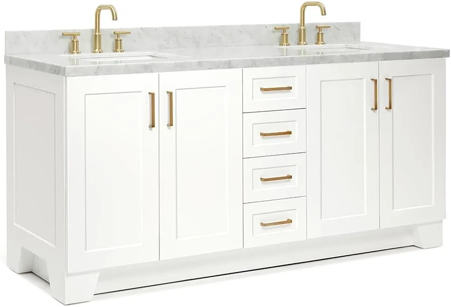 ARIEL 73" White Double Vanity, 1.5" Edge Italian Carrara Marble Countertop & Splash, Rectangular Sink, 4 Soft Closing Doors, 6 Full Extension Dovetail Drawers, Toe Kick, Satin Brass