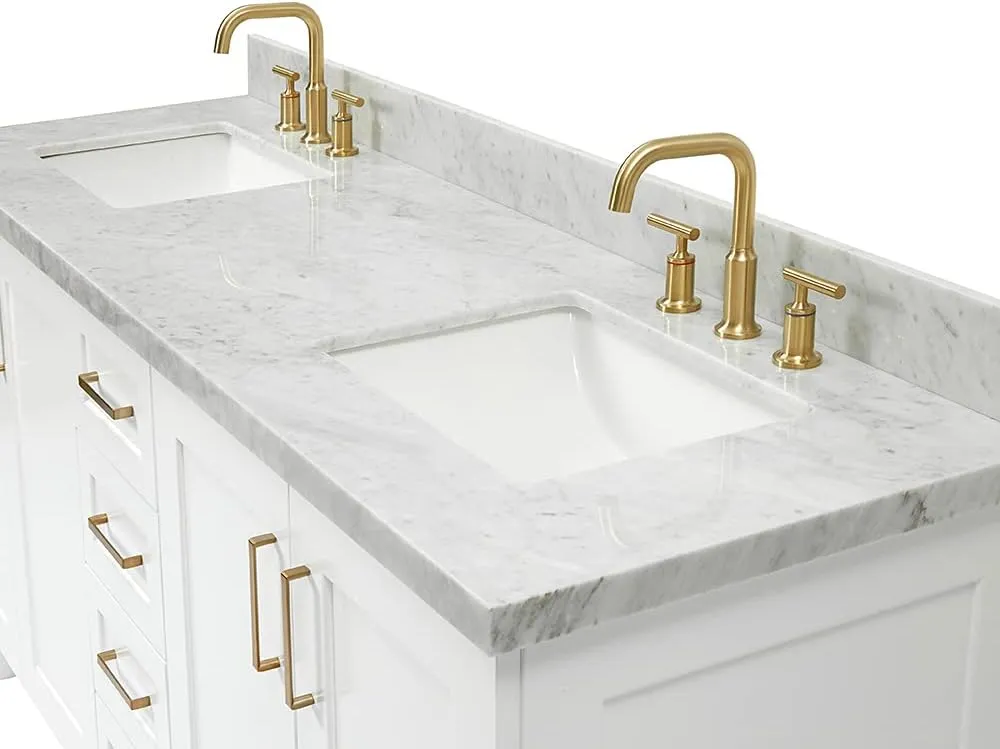 ARIEL 73" White Double Vanity, 1.5" Edge Italian Carrara Marble Countertop & Splash, Rectangular Sink, 4 Soft Closing Doors, 6 Full Extension Dovetail Drawers, Toe Kick, Satin Brass