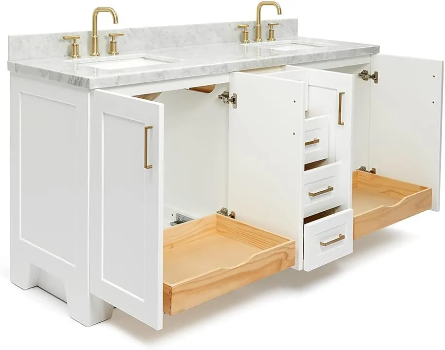 ARIEL 73" White Double Vanity, 1.5" Edge Italian Carrara Marble Countertop & Splash, Rectangular Sink, 4 Soft Closing Doors, 6 Full Extension Dovetail Drawers, Toe Kick, Satin Brass