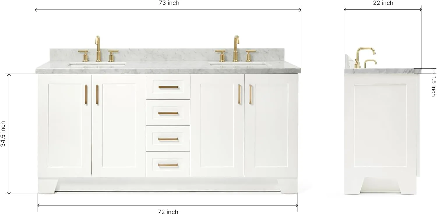 ARIEL 73" White Double Vanity, 1.5" Edge Italian Carrara Marble Countertop & Splash, Rectangular Sink, 4 Soft Closing Doors, 6 Full Extension Dovetail Drawers, Toe Kick, Satin Brass
