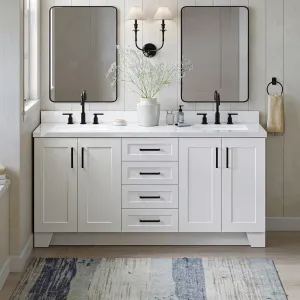 ARIEL 73" White Double Vanity, 1.5" Edge Pure White Quartz Countertop & Splash, Rectangular Sink, 4 Soft Closing Doors, 6 Full Extension Dovetail Drawers, Toe Kick, Matte Black