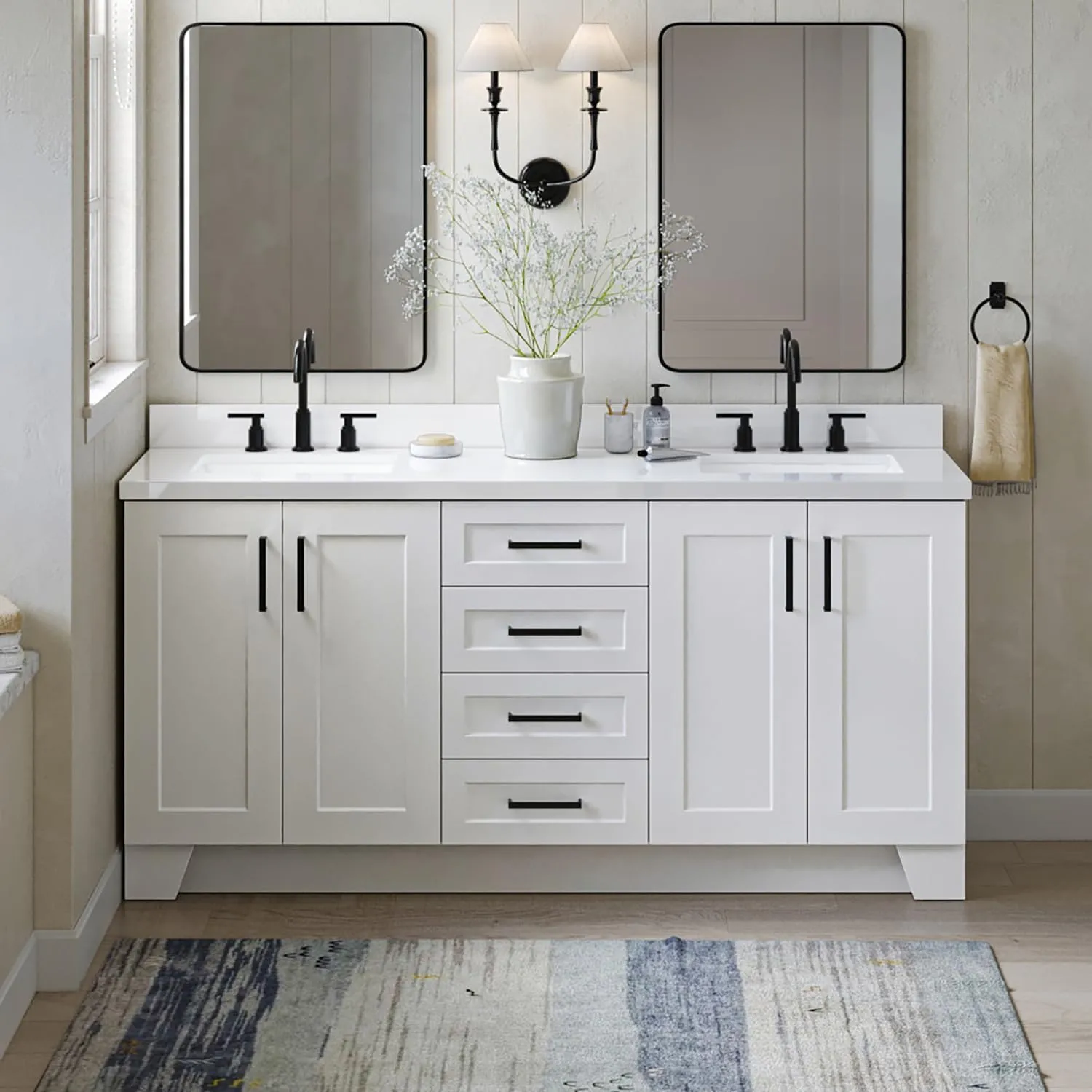 ARIEL 73" White Double Vanity, 1.5" Edge Pure White Quartz Countertop & Splash, Rectangular Sink, 4 Soft Closing Doors, 6 Full Extension Dovetail Drawers, Toe Kick, Matte Black