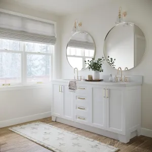 ARIEL 73" White Double Vanity, 1.5" Edge Pure White Quartz Countertop & Splash, Rectangular Sink, 4 Soft Closing Doors, 6 Full Extension Dovetail Drawers, Toe Kick, Satin Brass