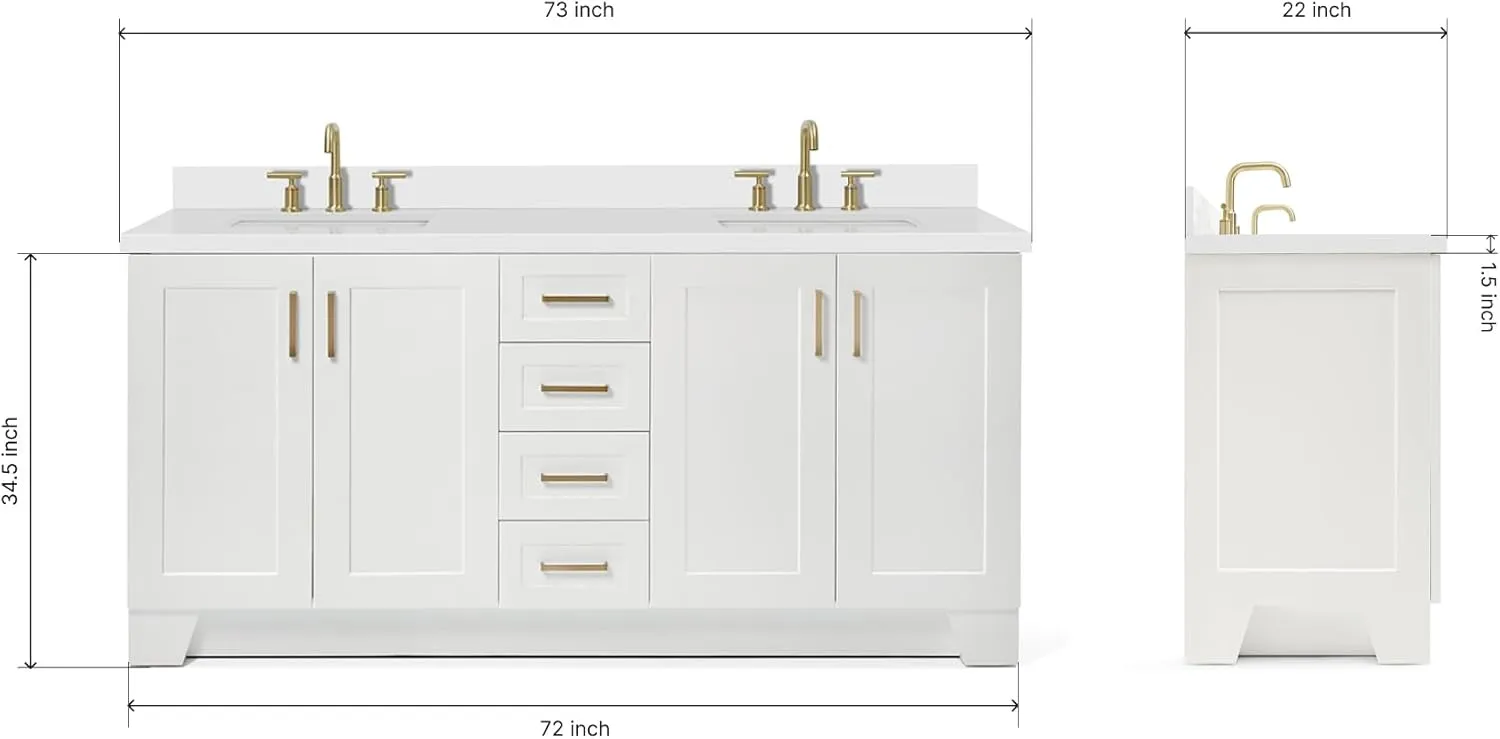 ARIEL 73" White Double Vanity, 1.5" Edge Pure White Quartz Countertop & Splash, Rectangular Sink, 4 Soft Closing Doors, 6 Full Extension Dovetail Drawers, Toe Kick, Satin Brass