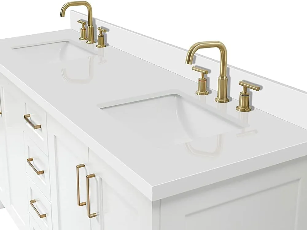 ARIEL 73" White Double Vanity, 1.5" Edge Pure White Quartz Countertop & Splash, Rectangular Sink, 4 Soft Closing Doors, 6 Full Extension Dovetail Drawers, Toe Kick, Satin Brass