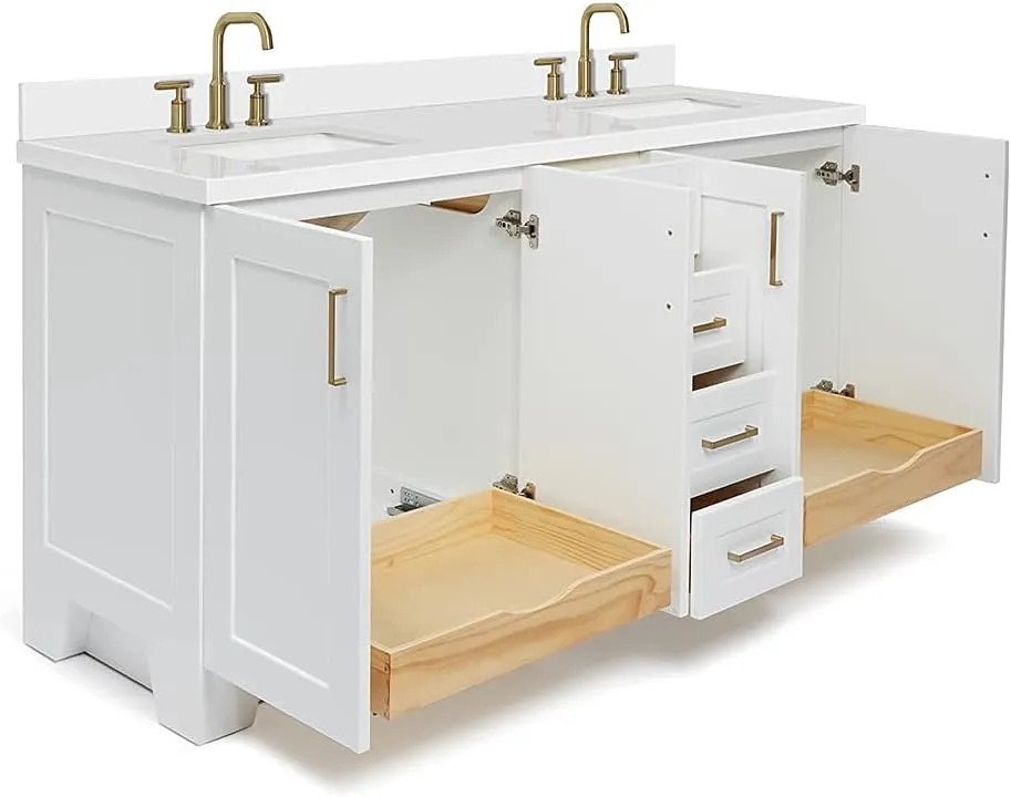ARIEL 73" White Double Vanity, 1.5" Edge Pure White Quartz Countertop & Splash, Rectangular Sink, 4 Soft Closing Doors, 6 Full Extension Dovetail Drawers, Toe Kick, Satin Brass