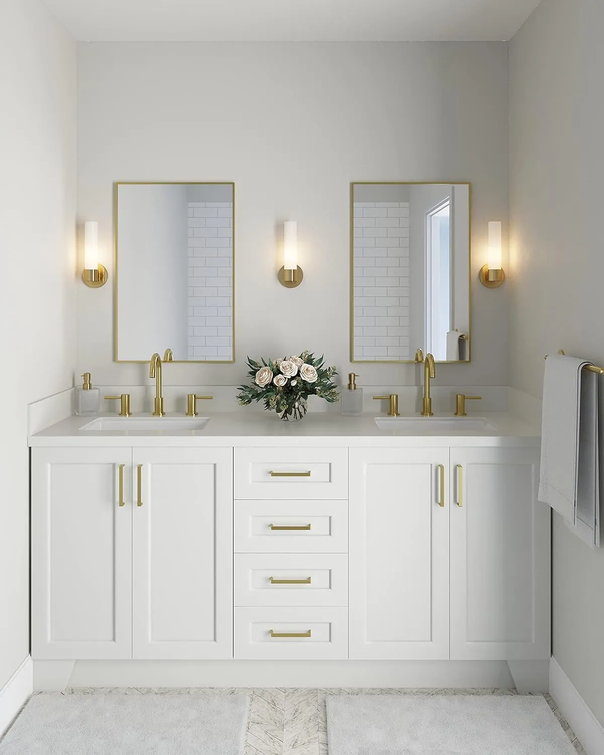 ARIEL 73" White Double Vanity, 1.5" Edge Pure White Quartz Countertop & Splash, Rectangular Sink, 4 Soft Closing Doors, 6 Full Extension Dovetail Drawers, Toe Kick, Satin Brass