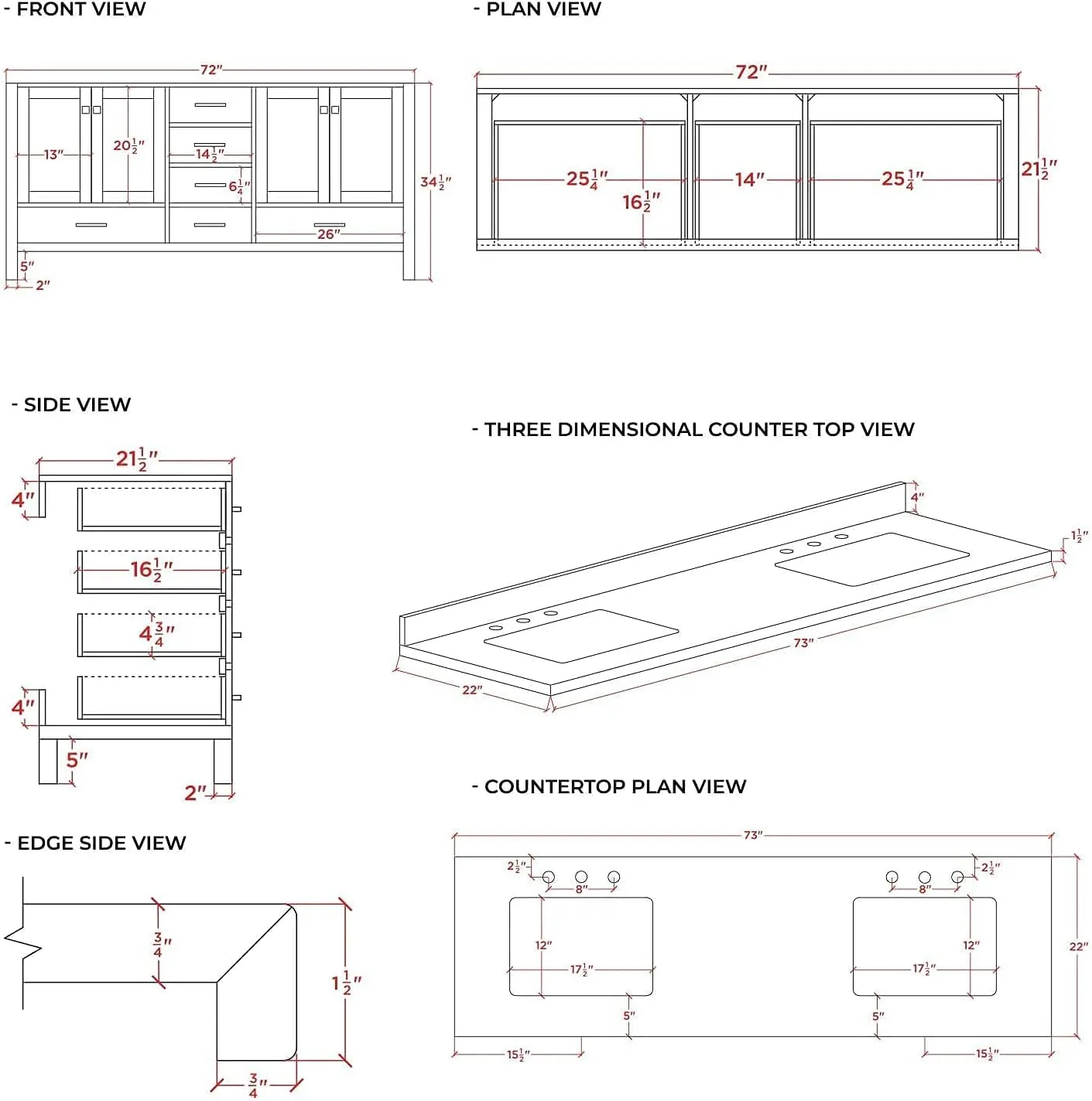 ARIEL 73" White Double Vanity, 1.5" Edge Pure White Quartz Countertop & Splash, Rectangular Sink, 4 Soft Closing Doors, 6 Full Extension Dovetail Drawers, Toe Kick, Satin Brass